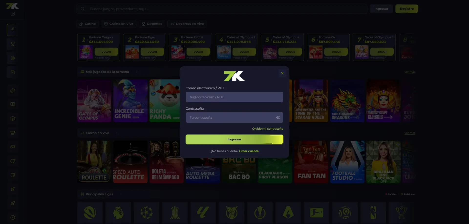 Página de inicio de sesión de la cuenta Bet7k Casino